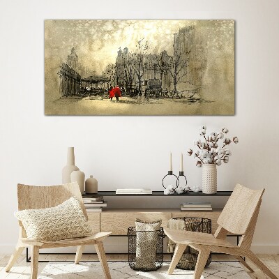 Red coat in the cityscape Glass art print
