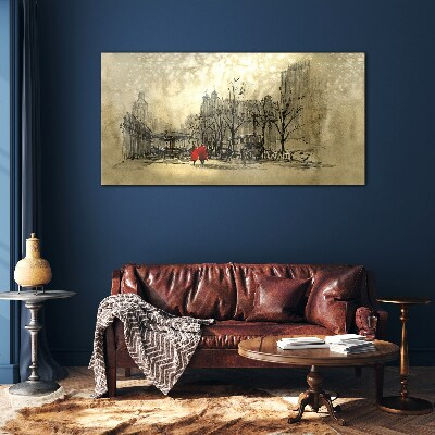 Red coat in the cityscape Glass art print