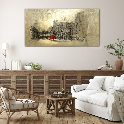 Red coat in the cityscape Glass art print