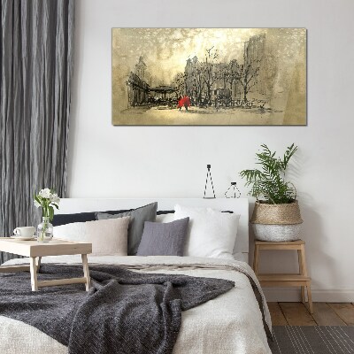 Red coat in the cityscape Glass art print