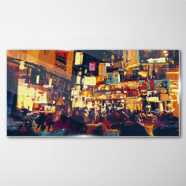 The hustle and bustle of city life at night Wall art on glass