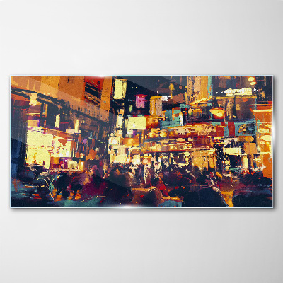 The hustle and bustle of city life at night Wall art on glass