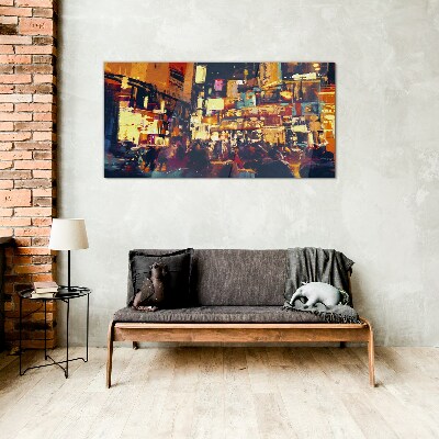 The hustle and bustle of city life at night Wall art on glass