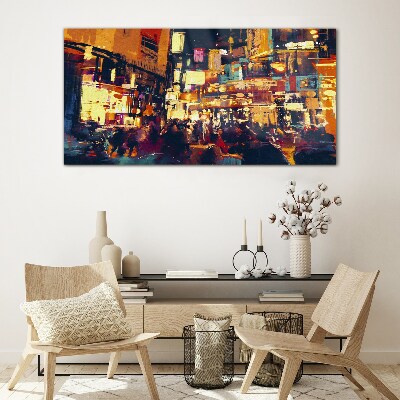 The hustle and bustle of city life at night Wall art on glass