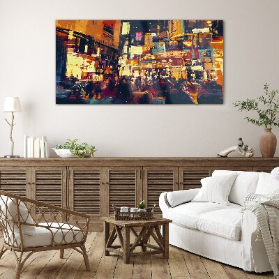 The hustle and bustle of city life at night Wall art on glass