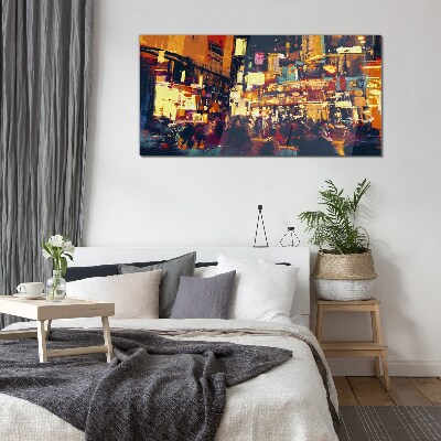 The hustle and bustle of city life at night Wall art on glass