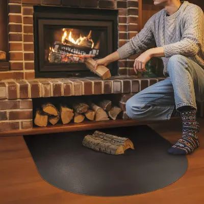 Semi-oval black steel fireplace hearth pad