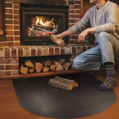 Semi-oval black steel fireplace hearth pad