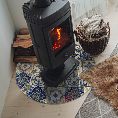 Glass hearth for stove round Mosaic pattern with flowers