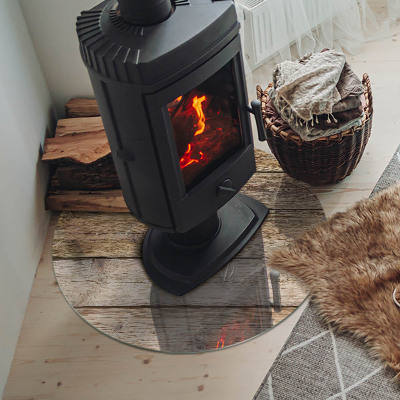 Glass hearth pad round Natural wood boards