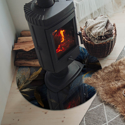 Glass hearth for stove round Elegant leaves in texture