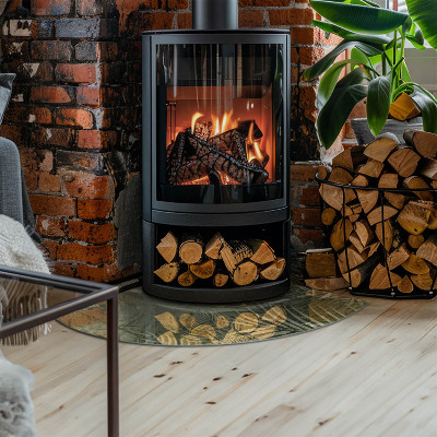 Glass hearth for wood stove Tropical leaves in the background
