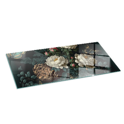 Corner glass hearth rectangular Floral pattern with butterflies