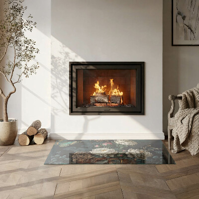 Corner glass hearth rectangular Floral pattern with butterflies