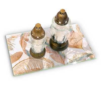 Grave candle coaster decorative Boho feathers and leaves