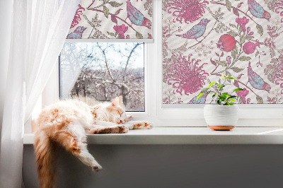 Roller blind for window Colorful birds among flowers