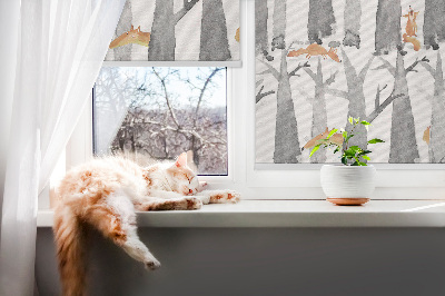 Roller blind Gray trees red foxes