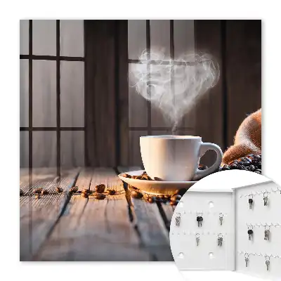 Wall mounted key cabinet Coffee heart on the table
