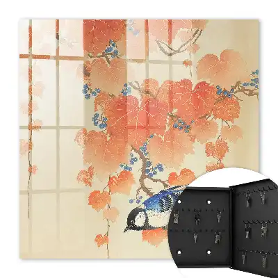 Wall mounted key box Bird and autumn leaves