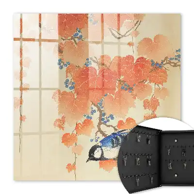 Wall mounted key box Bird and autumn leaves
