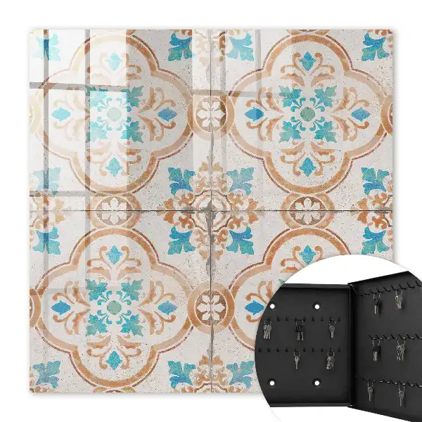 Wall mounted key cabinet Turquoise and orange tile pattern