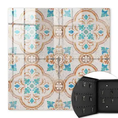 Wall mounted key cabinet Turquoise and orange tile pattern