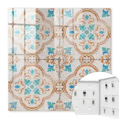Wall mounted key cabinet Turquoise and orange tile pattern