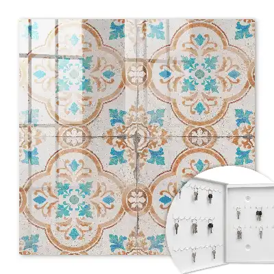 Wall mounted key cabinet Turquoise and orange tile pattern