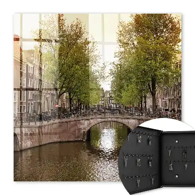 Wall mounted key cabinet The city canal is green with trees