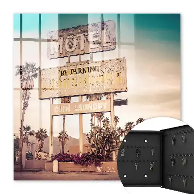 Decorative key box Retro motel with palm trees in the background