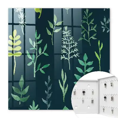 Wall mounted key box Watercolor leaves in a dark background
