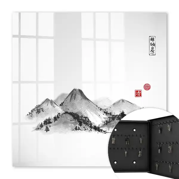 Wall mounted key box Japanese mountains with red accents
