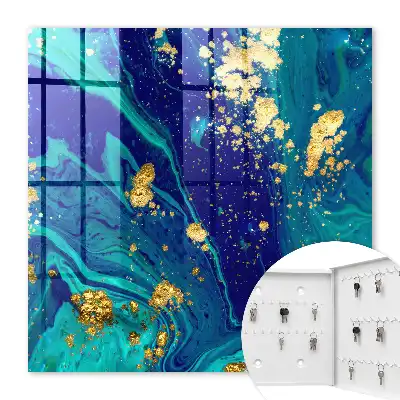 Wall mounted key cabinet Colorful abstraction in turquoise and navy blue