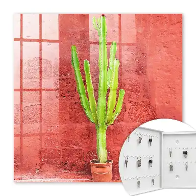Wall mounted key box Green cactus on a red wall