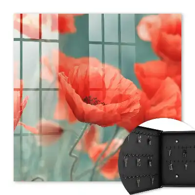 Wall mounted key cabinet Red poppies with green in the background