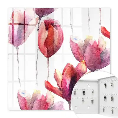 Wall mounted key cabinet Tulips in red and pink