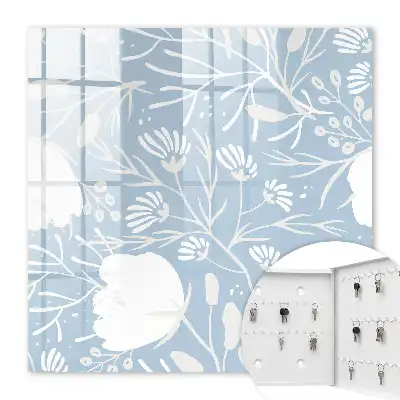 Wall mounted key box Plant motifs in blue background