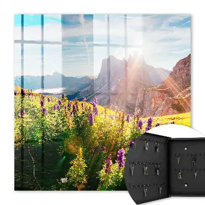 Wall mounted key cabinet A mountain idyll with flowers and sun