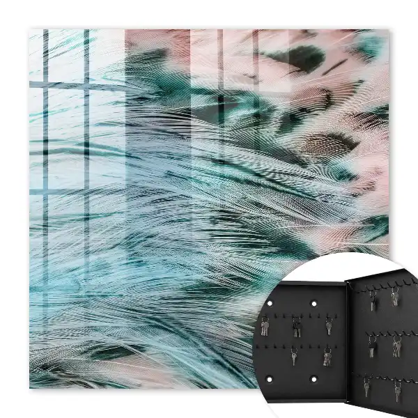 Wall mounted key box Pastel blue pink feathers