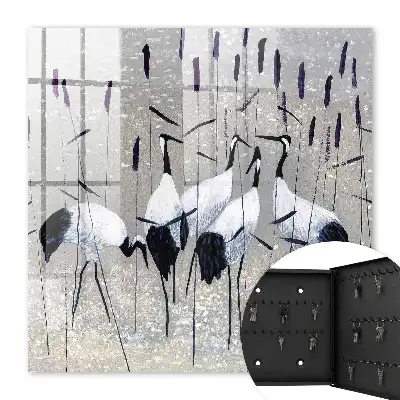 Wall mounted key cabinet Cranes and reeds in a pastel landscape