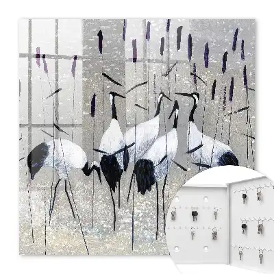 Wall mounted key cabinet Cranes and reeds in a pastel landscape