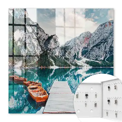 Wall mounted key box Mountain landscape with boats and a jetty