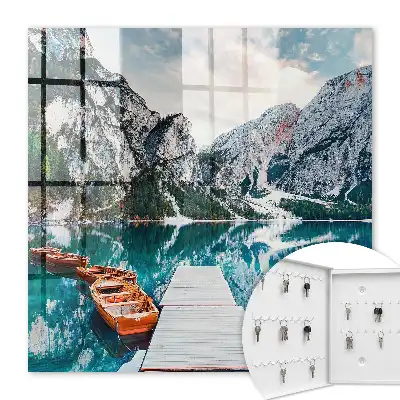 Wall mounted key box Mountain landscape with boats and a jetty