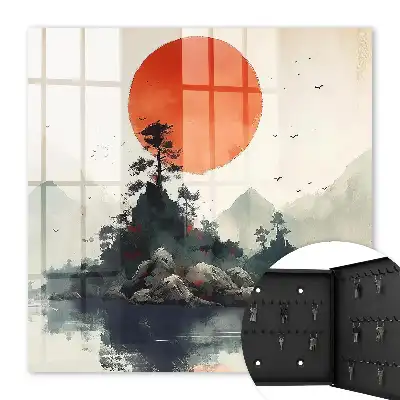 Decorative key box Mountain landscape with a red sun