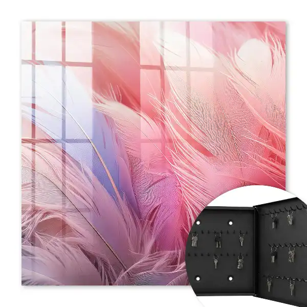 Wall mounted key cabinet Beautiful pink and blue feathers