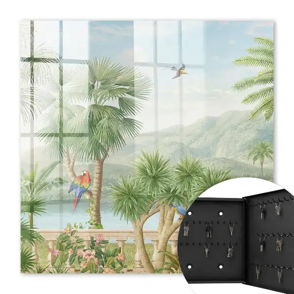 Key box for home A tropical paradise with palm trees and parrots