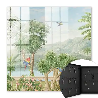Key box for home A tropical paradise with palm trees and parrots