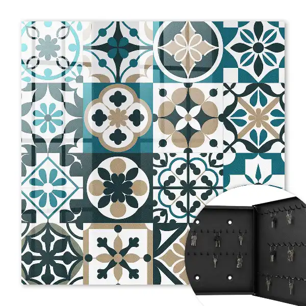 Wall mounted key cabinet Moroccan turquoise beige tiles