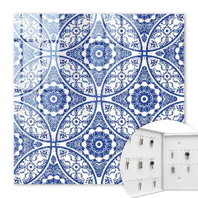 Wall mounted key cabinet Blue mosaic geometric motifs