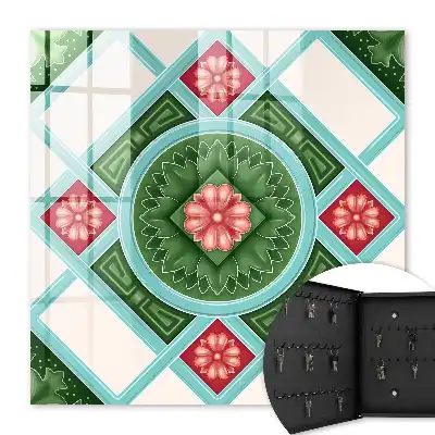 Wall mounted key cabinet Floral geometry red blue
